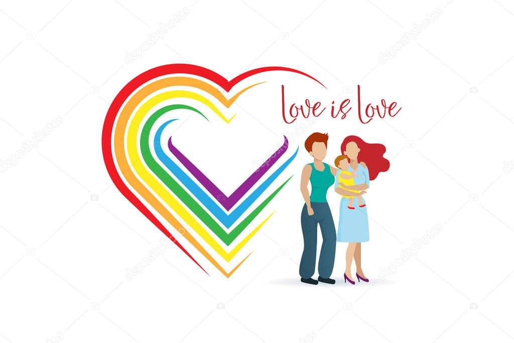 Lesbian family holding adopted baby with love and LGBT rainbow color in heart shape. LGBTQ family, transgender parent, adopted child and pride month concept.			