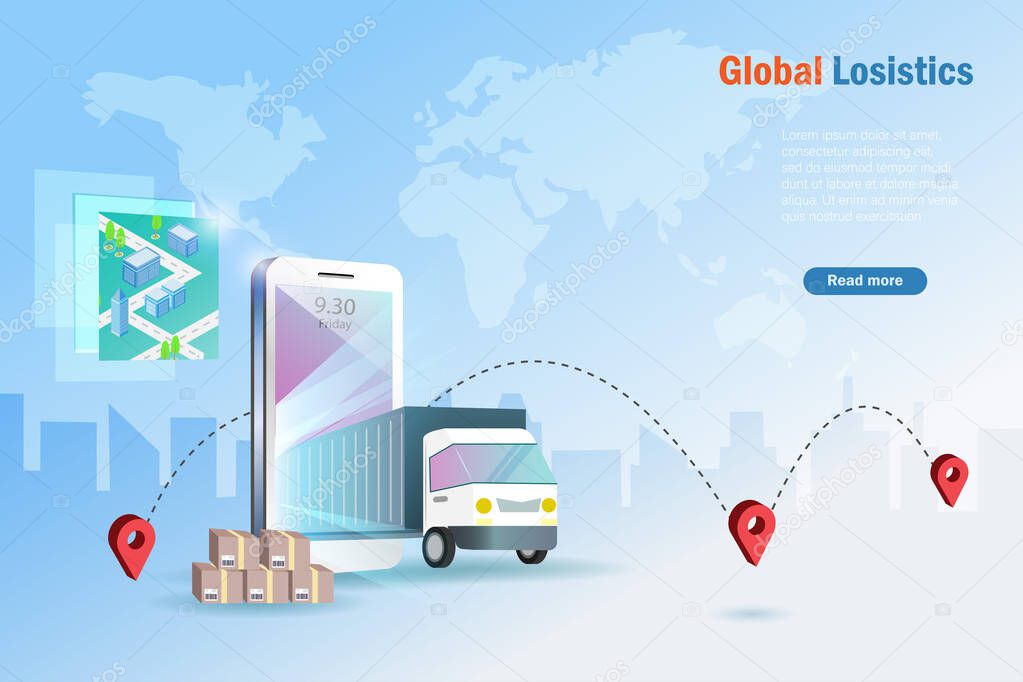 Global online smart logistics. Delivery truck on smart phone with GPS pin point location map deliver shipment to customer. Smart logistic and transportation technology concept.