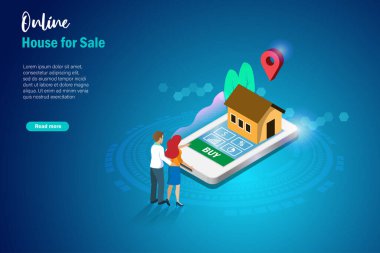 Çevrimiçi ev satışı, yeniden finansman, ev kredisi, dijital emlak ipoteği konsepti. Çift sanal akıllı telefon ekranında satılık ev satın alıyor. 