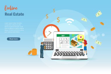 Çevrimiçi ev satışı, yeniden finansman, ev kredisi, dijital emlak ipoteği konsepti. Çift çevrimiçi ev alır ve bilgisayar ekranında ev kredisi hesaplar. Finansal teknoloji.