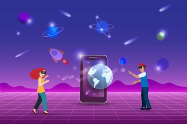 Metaverse, sanal gerçeklik teknolojisi, akıllı telefon ve dijital cihazlarla kullanıcı arayüzü deneyimi. VR kulaklıklı kadın ve erkek sanal uzay ve evrene bağlanıyor..