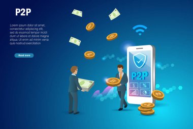P2P, eş ticareti, fiet ve spot online kripto para ticareti, finansal teknoloji konsepti. İşadamı doğrudan dijital parayı akıllı telefon ile artırdı.