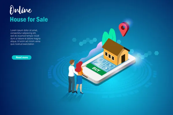 住宅ローン デジタル不動産住宅ローンのコンセプトのためのオンラインハウス カップルは 仮想スマートフォンの画面上で販売のためのオンラインハウスを購入 — ストックベクタ