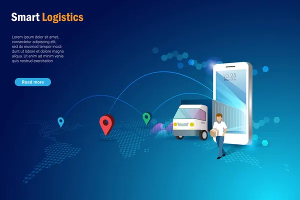 Logistica Intelligente Online Uomo Consegna Che Tiene Spedizione Con Camion — Vettoriale Stock