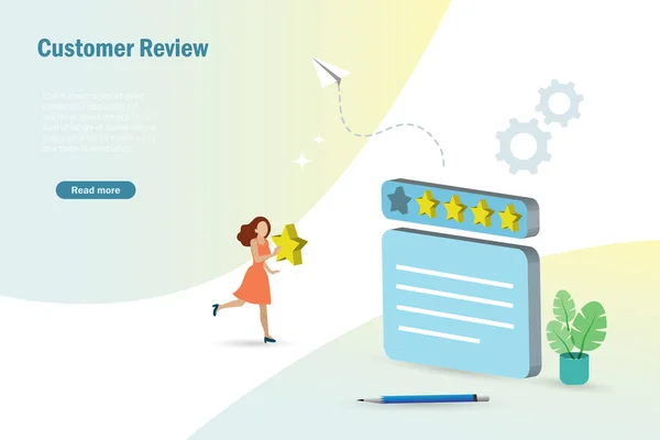 Customer Review Evaluation Woman Giving Stars Rating Online Customer Review — Stock Vector