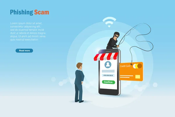 Phishing Scam Hacker Attack Scammer Online Phishing Credit Card Password — Stok Vektör