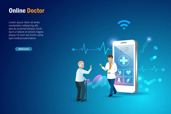 在线高级保健 虚拟医院和在线咨询 老年男子在智能手机上使用医疗应用向医生咨询健康问题 医疗和保健技术概念 — 图库矢量图片