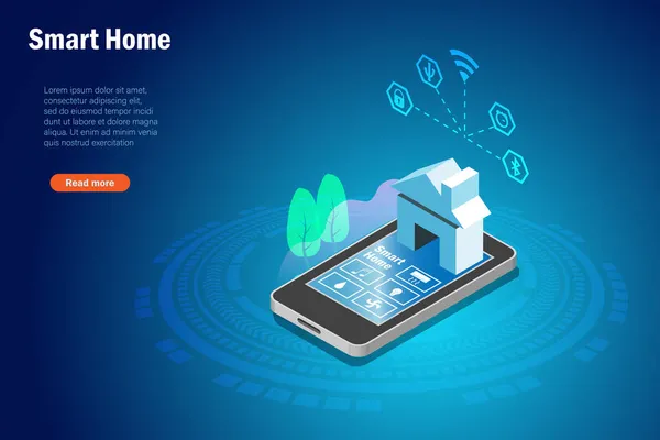 Smart Home Technologie Controleert Digitale Huishoudelijke Apparaten Smartphone App Intelligente — Stockvector