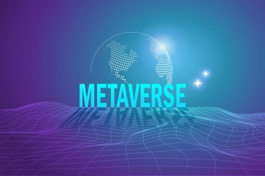 Metaverse, sanal gerçeklik, artırılmış gerçeklik ve engelleme teknolojisi, kullanıcı arayüzü deneyimi. Dünya haritası küresi ile birlikte gelecekteki çevre arka planında kelime metaevreni.