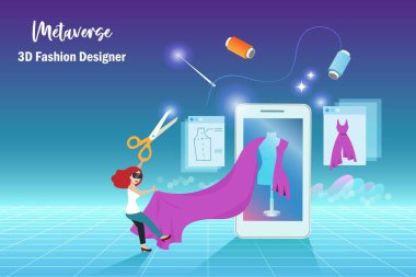 Sanal gerçeklik ortamında 3 boyutlu moda tasarımcısı için metaverse. Kadın 3D üzerinde çalışırken VR gözlük takıyor akıllı telefon ekranı cihazında deneyim kazandı.