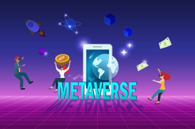Kripto para biriminde ve finansal sanal gerçeklik ortamında insan yaşam tarzında metaverse teknoloji. İnsanlar akıllı telefon metaverse ekran aygıtında VR gözlük takıyor ve 3 boyutlu deneyimin tadını çıkarıyor.
