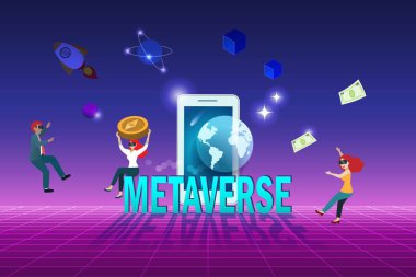 Metaverse technology in people lifestyle in cryptocurrency and financial virtual reality environment. People wear VR goggle glass enjoy 3D experience on smart phone metaverse screen device. clipart