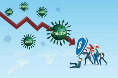 Omicron, alfa, beta, delta ve gama ile covid19 koronavirüsün yeni versiyonu. İşçiler Covid-19 Omicron ile küresel ekonomik kriz grafiği ve işsizlikle koruyucu kalkan savaşı yaptılar. 