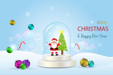 Noel Baba ve noel ağacı kristal cam içinde Xmas elementlerinin süslemesiyle. Mutlu Noeller ve mutlu yeni yıl tebrik kartları ve şenlikli kutlamalar..