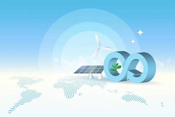 Логотип Круговой Экономики Ветряными Турбинами Солнечными Панелями Фоне Карты Мира — стоковый вектор
