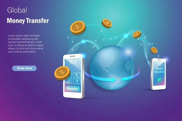 Transferencia Global Dinero Través Aplicación Bancaria Smartphone Globo Dispositivo Inteligente — Archivo Imágenes Vectoriales