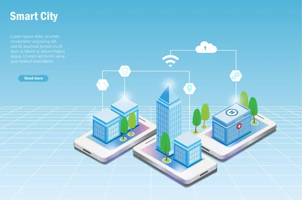 Edificios Futuristas Ciudades Inteligentes Virtuales Pantalla Del Teléfono Inteligente Edificios — Vector de stock