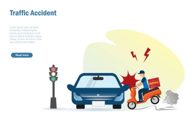 Trafik kazası, motosiklet kazası sokakta araba kazası. Araba kazası ve güvenlik sürücüsü farkındalığı.