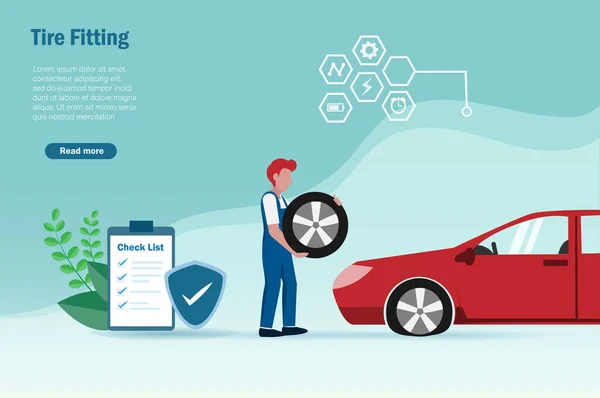 Flat Tire Tire Fitting Car Maintenance Repair Service Mechanician Fixing — Vetor de Stock