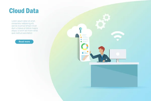 Cloud Data Storage Downloading Sharing Smart Devices Businessman Get Graph — Image vectorielle