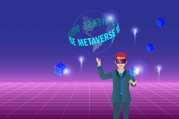 Metaverse Business Workplace Virtual Reality Environment Businessman Wear Goggle Glass — Stockvektor