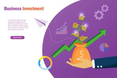 Yatırım büyümesi başarılı oldu. İşadamı altın sikke ağacını para çantasında iş grafiği çizelgesiyle tutuyor. İş hedefi ve hedefine ulaşmak için finansal analiz ve bankacılık ağı bağlanıyor.
