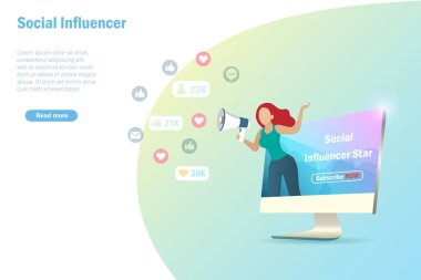 Sosyal medya çekiciliği, elde tutma ve alıkoyma stratejisi. Bilgisayarda megafon tutan bir kadın insanları cezbediyor. Yorum yapıyor ve takipçiler abone oluyor..