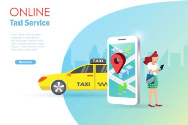 Çevrimiçi taksi servisi ve ulaşım teknolojisi. Kadın, akıllı telefon ekranında konum haritası olan taksi servisini arıyor..