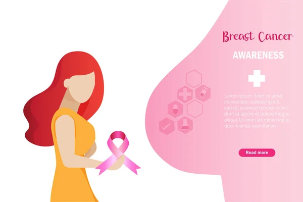 Consciência Cancro Mama Mulher Segurando Fita Rosa Símbolo Dia Conscientização — Vetor de Stock