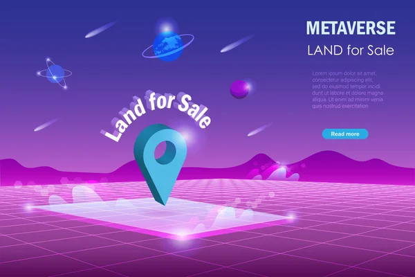 デジタル不動産 不動産投資技術のためのメタバースの土地 サイバー空間のピンポイントでの販売のための仮想現実の土地未来的な環境の背景 — ストックベクタ