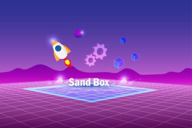 Sandbox, demo test yazılımı programlama. Meta-uzay simülasyon arka planında sanal deney geliştirme teknolojisi.