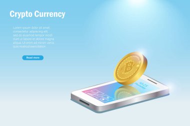 Bitcoin, kripto para birimi, merkezi olmayan finans kavramına meydan okumak. Dijital kripto döviz alım-satım platformu arayüzü olan akıllı telefondan üç boyutlu bitcoin. Kripto takas cüzdanı ve dijital para borsası.