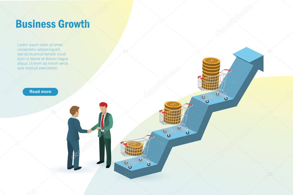 Businessmen handshake with growth of sales in shopping cart. Growth of grocery sales. CPI, consumer price index, increase sales profit in goods production and business partnership concept.