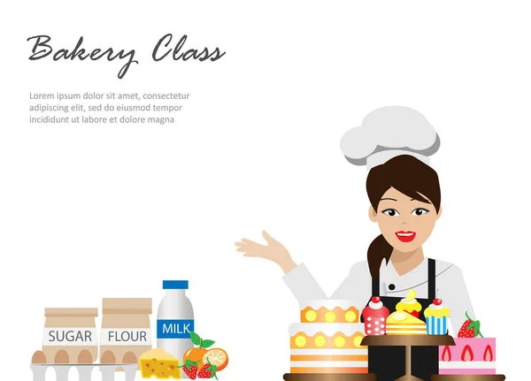 Vector Illustration Woman Chef Bakery Class — Stock Vector