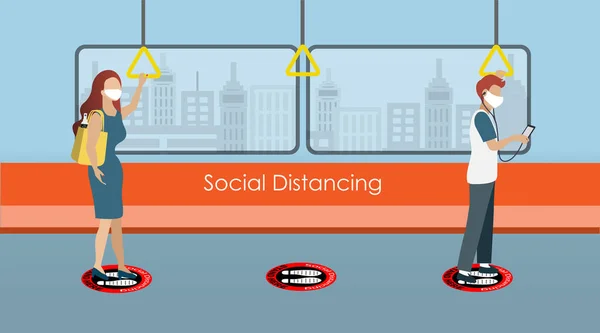 Sociale Afstandelijkheid Passagier Metro Luchttrein Met Gezichtsmasker Het Veiligheidspunt Beschermen — Stockvector