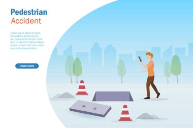 Yaya kazası ve güvenlik. Akıllı telefonda konuşurken yolda dikkatsizce yürüyen bir adam kanalizasyon kanalına düştüğünden habersiz..  