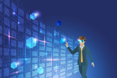İş yerindeki sanal gerçeklik ortamında metaverse. İş adamı VR gözlük camı takıyor. Gelecekteki simülasyon arka planında 3D blok zinciri metaevreleri yaşıyor..