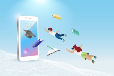 Metaverse sanal eğitim teknolojisi. Çocuklar akıllı telefon ekranında 3 boyutlu uzay simülasyon arayüzü deneyimlemek için uçan VR gözlükleri takıyorlar.