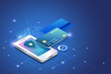 Kredi kartı ödemesi, parmak izi taraması, akıllı telefondan güvenli işlem. Çevrimiçi ve küresel ağ bağlantılarında finansal güvenlik, siber güvenlik teknolojisi.