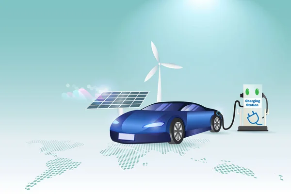 世界地図上の風力タービンと太陽電池パネルを備えた駅でのEv車 電気自動車の充電バッテリー 持続可能なクリーンエネルギー資源環境に優しい 輸送における代替エネルギー — ストックベクタ