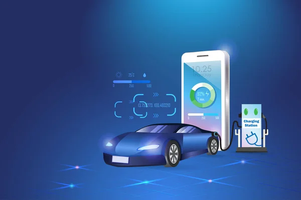 Ev車 スマートフォンの状態で駅で電気自動車充電バッテリー 持続可能なクリーンエネルギー資源環境に優しい 輸送技術における代替エネルギー — ストックベクタ