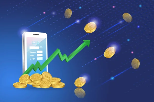 Kryptowährungsmünzen Fallen Auf Wachstumskurve Handelsplattform Auf Smartphone Bitcoin Investition Wachstumsgewinn — Stockvektor