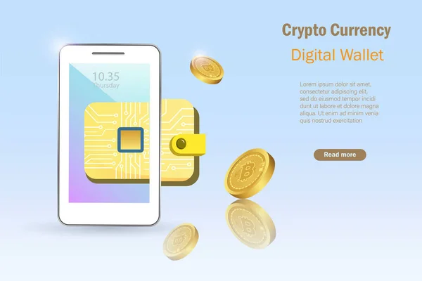 デジタル電子財布 スマートフォン上のマイクロチップで3Dビットコイン暗号通貨 電子財布口座でデジタルマネーを暗号化します Bitcoinへの投資 分散型金融の概念の定義 — ストックベクタ