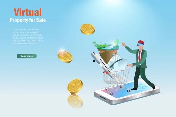 Terreno Virtual Metaverso Bienes Raíces Propiedades Venta Empresario Con Carrito — Archivo Imágenes Vectoriales