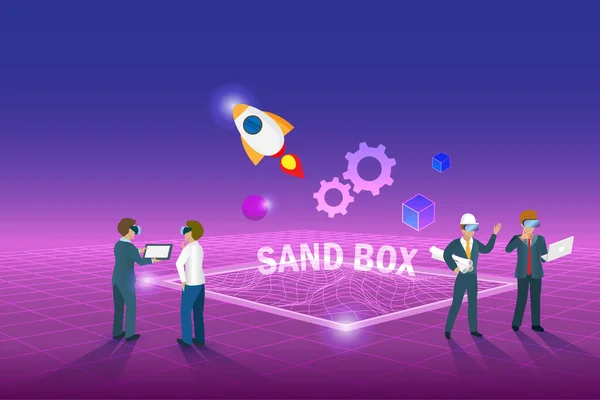 Sandbox Πρόγραμμα Δοκιμαστικού Λογισμικού Επίδειξης Ομάδα Μηχανικών Συζητά Εικονικό Πρόγραμμα — Διανυσματικό Αρχείο