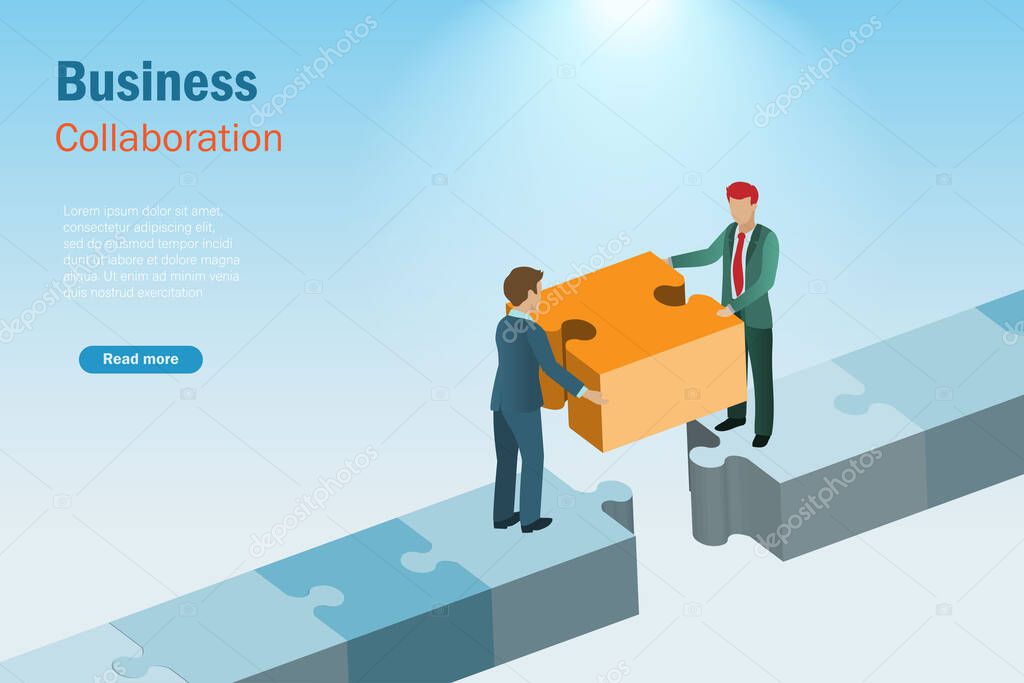 Business collaboration, partnerships, teamwork success and problem solving strategy concept. Businessman with partner connecting jigsaw puzzle to build business path to success.