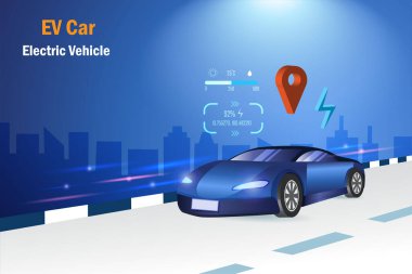 EV araba, yolda GPS ve sürüş göstergeleriyle çalışan elektrikli araç. Ulaşım teknolojisinde alternatif sürdürülebilir enerji.