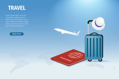 Seyahat konsepti. Dünya haritasında bavulu ve uçağı olan bir pasaport. Rezervasyon bileti, dünyayı keşfetmek için uçakla seyahat..