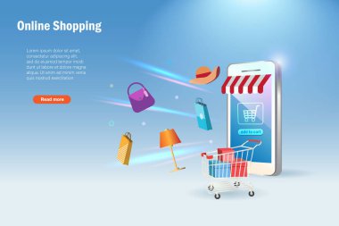 İnternetten alışveriş. Alışveriş arabası, hediye kutusu ve alışveriş torbaları olan akıllı telefon uygulaması. E ticaret, perakende ticaret teknolojisi ve dağıtım hizmeti.