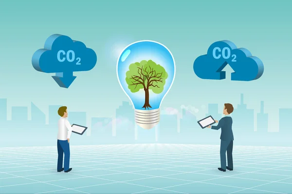 二氧化碳排放 地球日概念 利用灯泡技术种植树木以减少碳排放和可持续的积极环境的商人 — 图库矢量图片